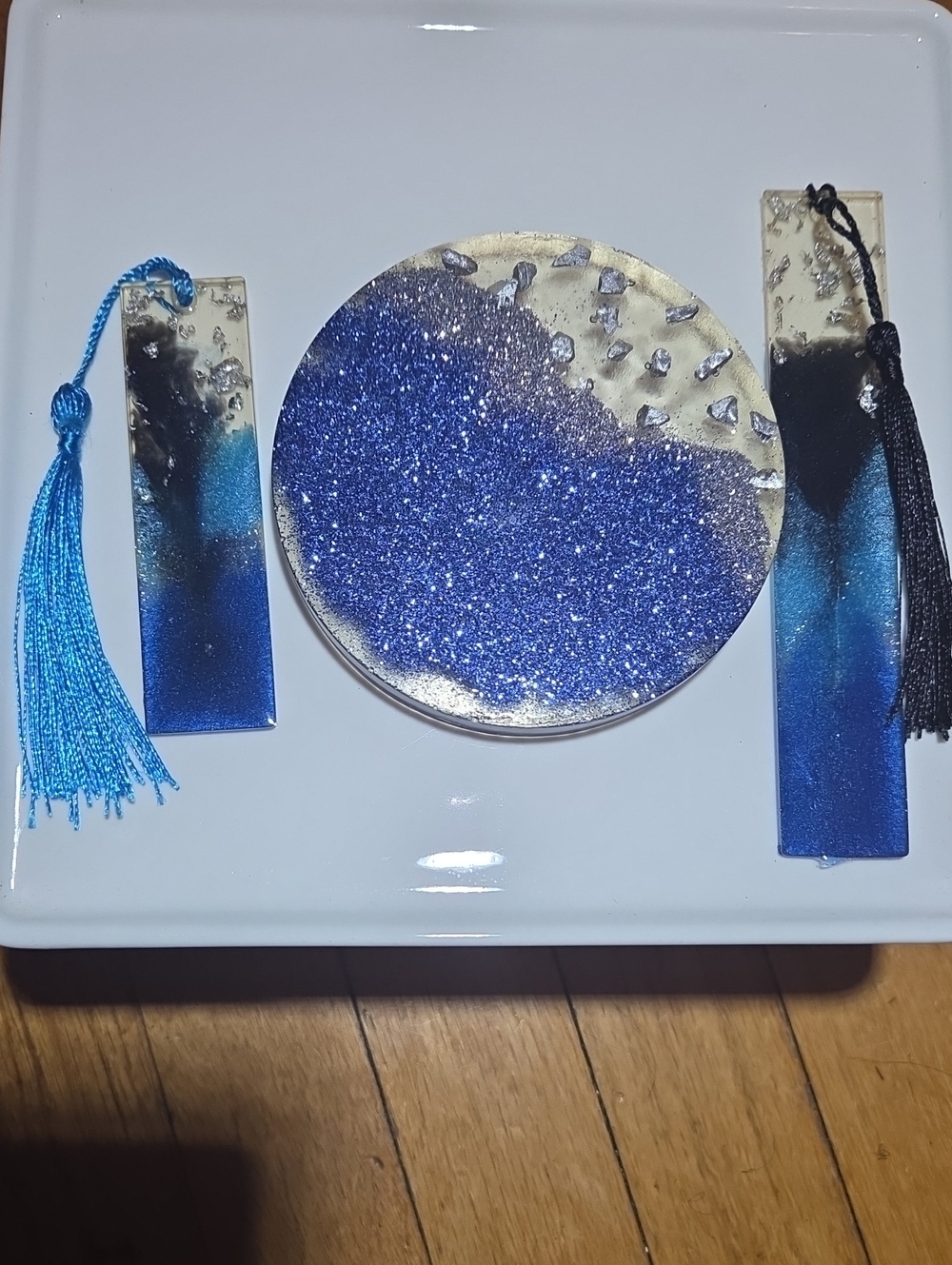 🦋Handmade Blue Glitter Resin Coaster and Bookmark Set